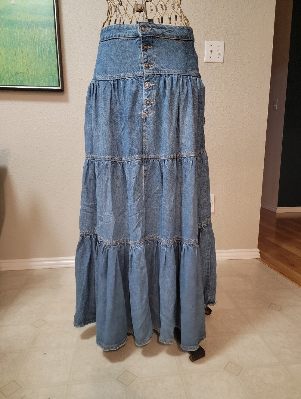 We The Free Light Blue Denim Tiered Maxi Skirt size Large - Picture 3 of 8